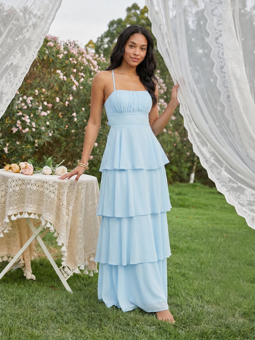 Coquette Sky Blue Chiffon A-Line Straight Neck Lace-up Ankle-Length Bridesmaid Dress - Curvevia