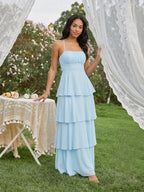 Coquette Sky Blue Chiffon A-Line Straight Neck Lace-up Ankle-Length Bridesmaid Dress - Curvevia
