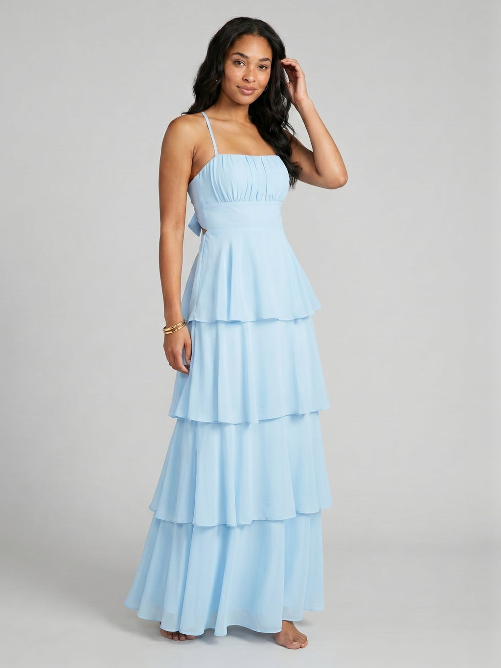 Coquette Sky Blue Chiffon A-Line Straight Neck Lace-up Ankle-Length Bridesmaid Dress - Curvevia