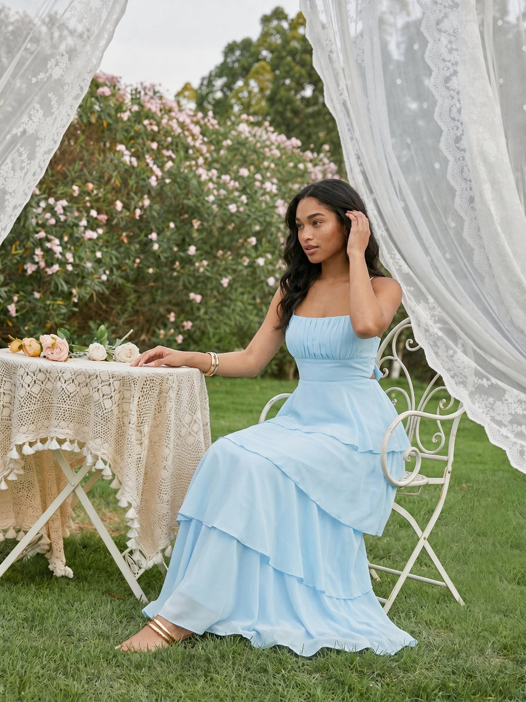 Coquette Sky Blue Chiffon A-Line Straight Neck Lace-up Ankle-Length Bridesmaid Dress - Curvevia
