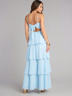 Coquette Sky Blue Chiffon A-Line Straight Neck Lace-up Ankle-Length Bridesmaid Dress - Curvevia