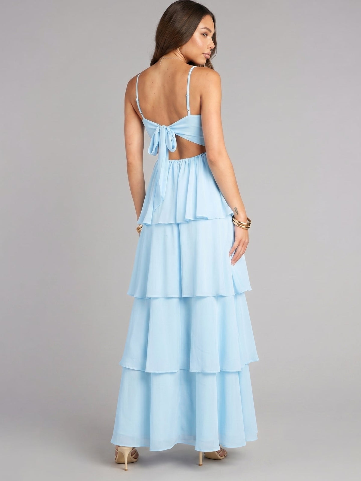 Coquette Sky Blue Chiffon A-Line Straight Neck Lace-up Ankle-Length Bridesmaid Dress - Curvevia