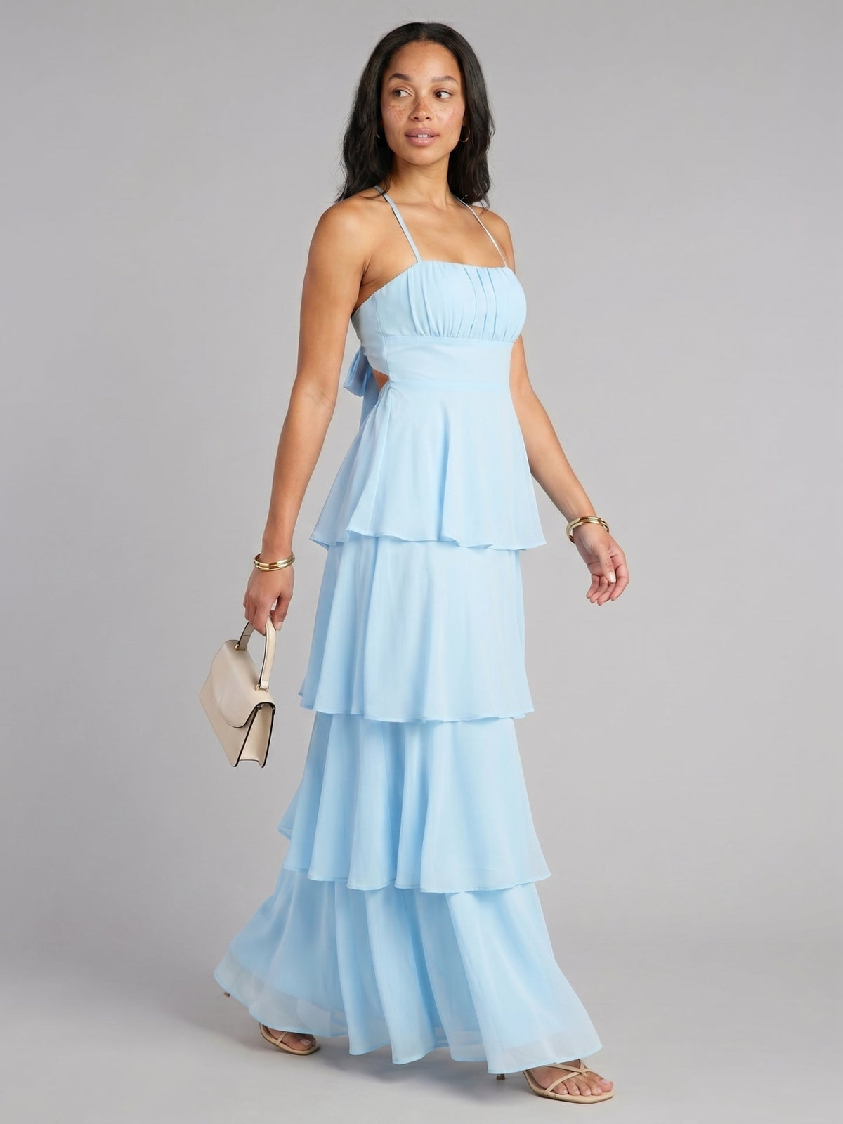 Coquette Sky Blue Chiffon A-Line Straight Neck Lace-up Ankle-Length Bridesmaid Dress - Curvevia