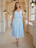 Coquette Sky Blue Chiffon A-Line V-Neck Back Zip Pleated Knee-Length Plus Size Bridesmaid Dress - Curvevia
