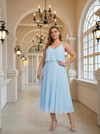 Coquette Sky Blue Chiffon A-Line V-Neck Back Zip Pleated Knee-Length Plus Size Bridesmaid Dress - Curvevia