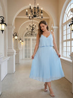 Coquette Sky Blue Chiffon A-Line V-Neck Back Zip Pleated Knee-Length Plus Size Bridesmaid Dress - Curvevia