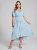 Coquette Sky Blue Chiffon A-Line V-Neck V-Back with Ruffle Asymmetrical Plus Size Bridesmaid Dress - Curvevia