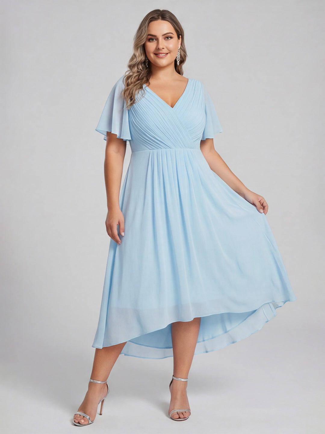 Coquette Sky Blue Chiffon A-Line V-Neck V-Back with Ruffle Asymmetrical Plus Size Bridesmaid Dress - Curvevia