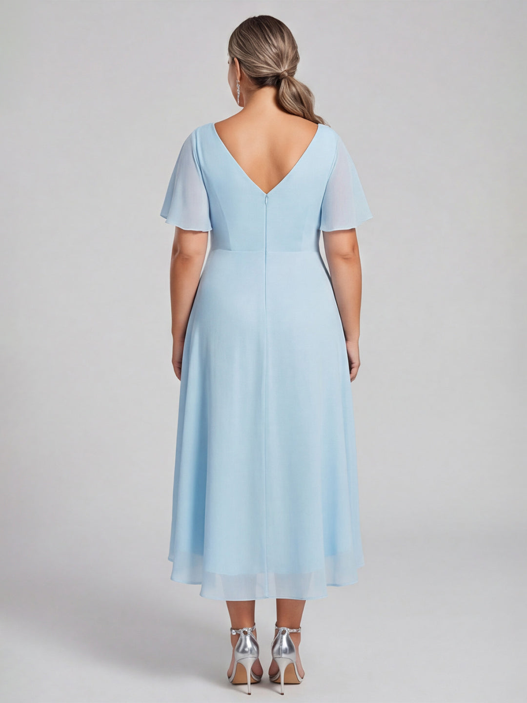 Coquette Sky Blue Chiffon A-Line V-Neck V-Back with Ruffle Asymmetrical Plus Size Bridesmaid Dress - Curvevia