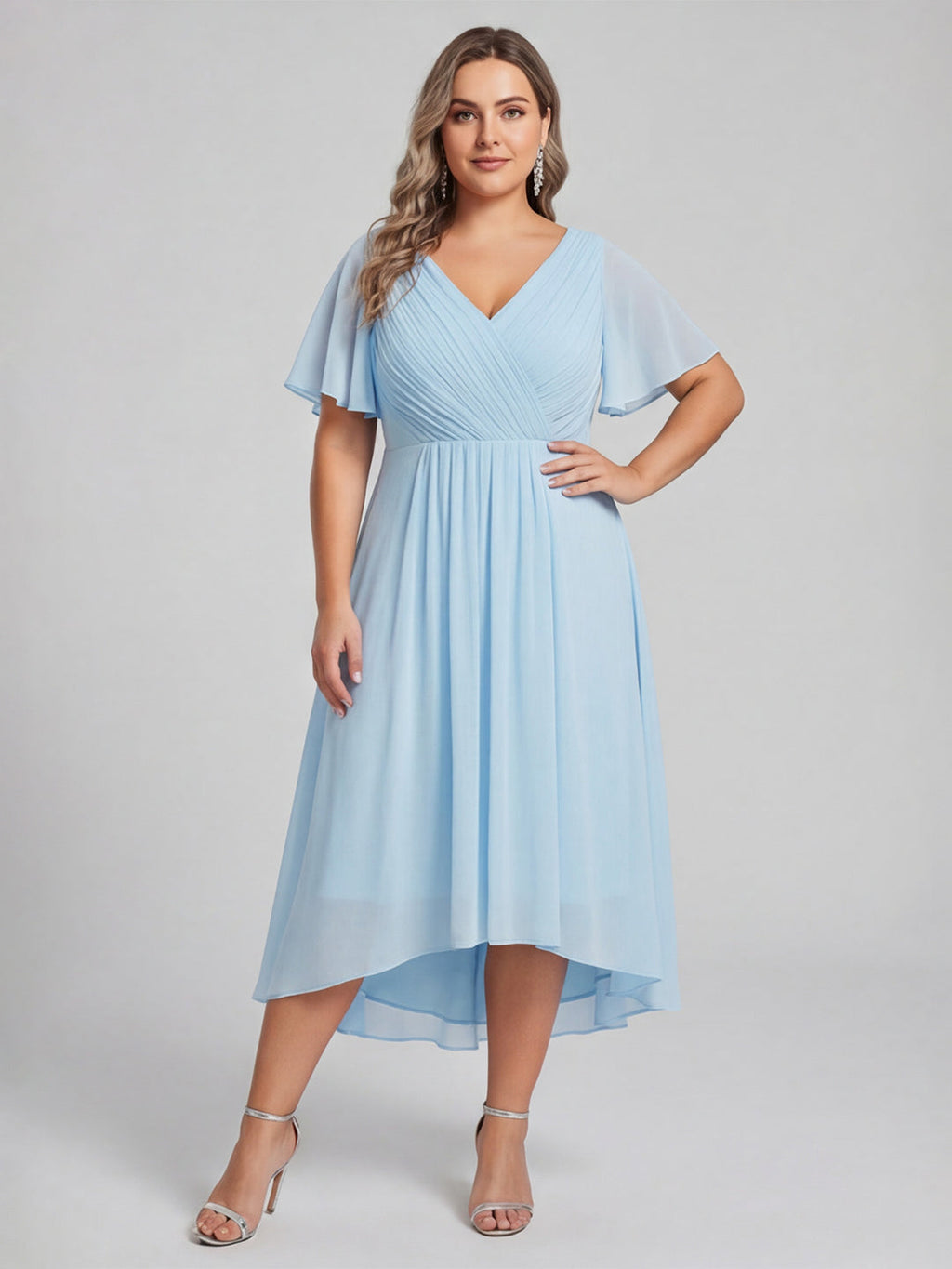 Coquette Sky Blue Chiffon A-Line V-Neck V-Back with Ruffle Asymmetrical Plus Size Bridesmaid Dress - Curvevia