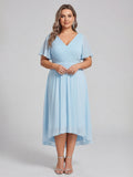 Coquette Sky Blue Chiffon A-Line V-Neck V-Back with Ruffle Asymmetrical Plus Size Bridesmaid Dress - Curvevia