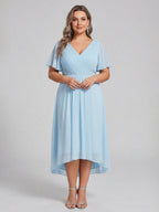Coquette Sky Blue Chiffon A-Line V-Neck V-Back with Ruffle Asymmetrical Plus Size Bridesmaid Dress - Curvevia