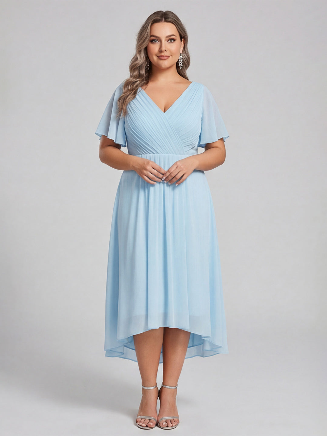Coquette Sky Blue Chiffon A-Line V-Neck V-Back with Ruffle Asymmetrical Plus Size Bridesmaid Dress - Curvevia