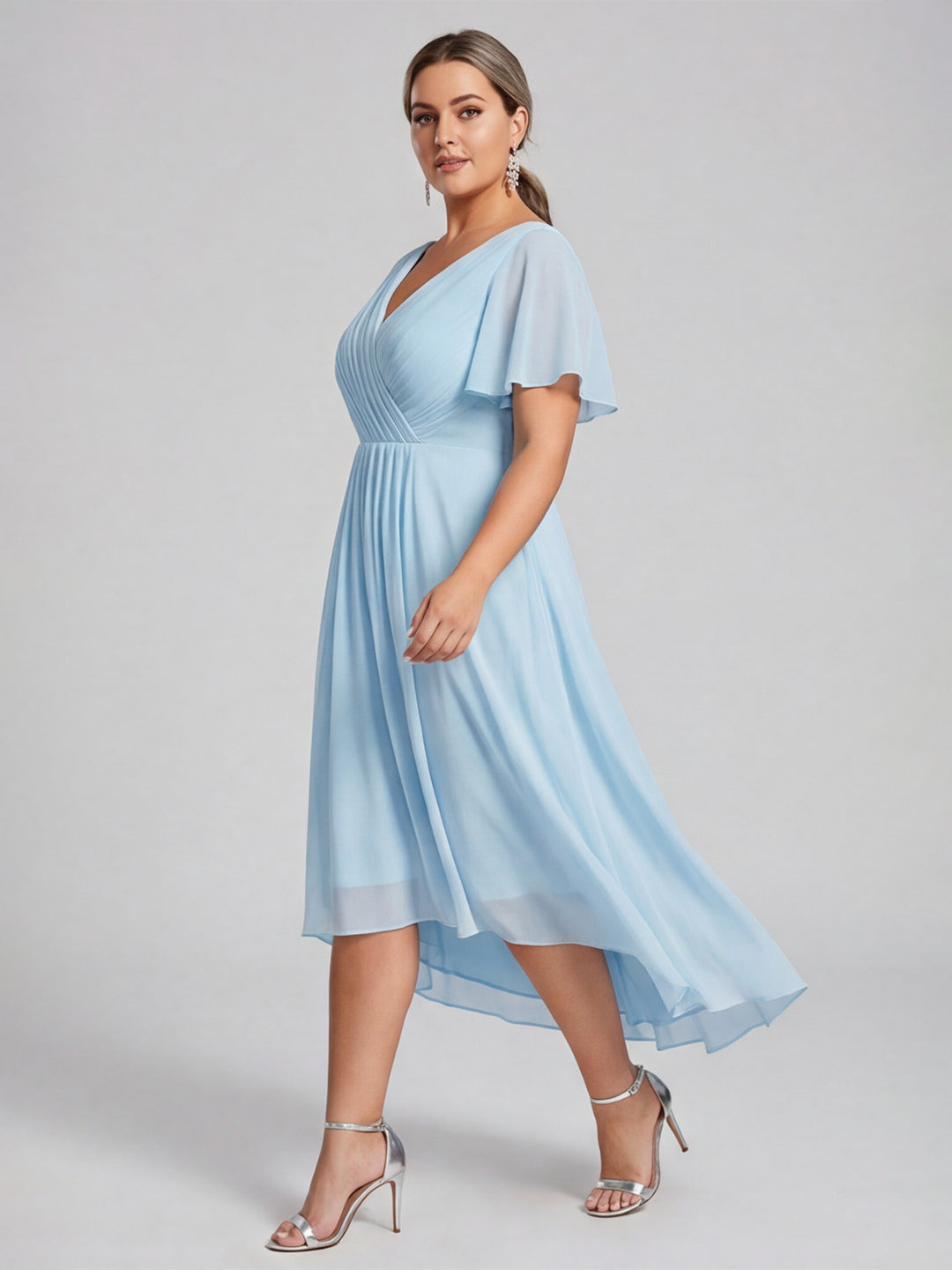Coquette Sky Blue Chiffon A-Line V-Neck V-Back with Ruffle Asymmetrical Plus Size Bridesmaid Dress - Curvevia