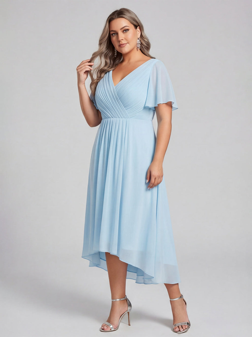 Coquette Sky Blue Chiffon A-Line V-Neck V-Back with Ruffle Asymmetrical Plus Size Bridesmaid Dress - Curvevia
