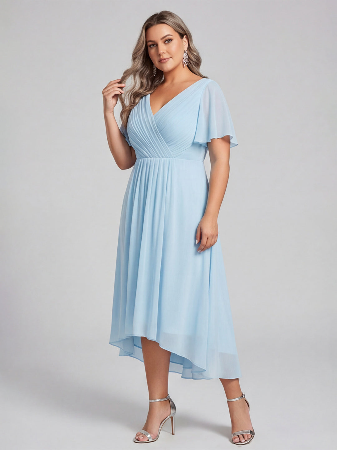 Coquette Sky Blue Chiffon A-Line V-Neck V-Back with Ruffle Asymmetrical Plus Size Bridesmaid Dress - Curvevia