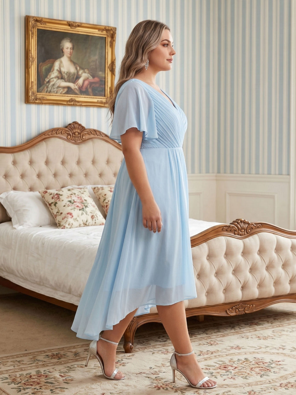 Coquette Sky Blue Chiffon A-Line V-Neck V-Back with Ruffle Asymmetrical Plus Size Bridesmaid Dress - Curvevia