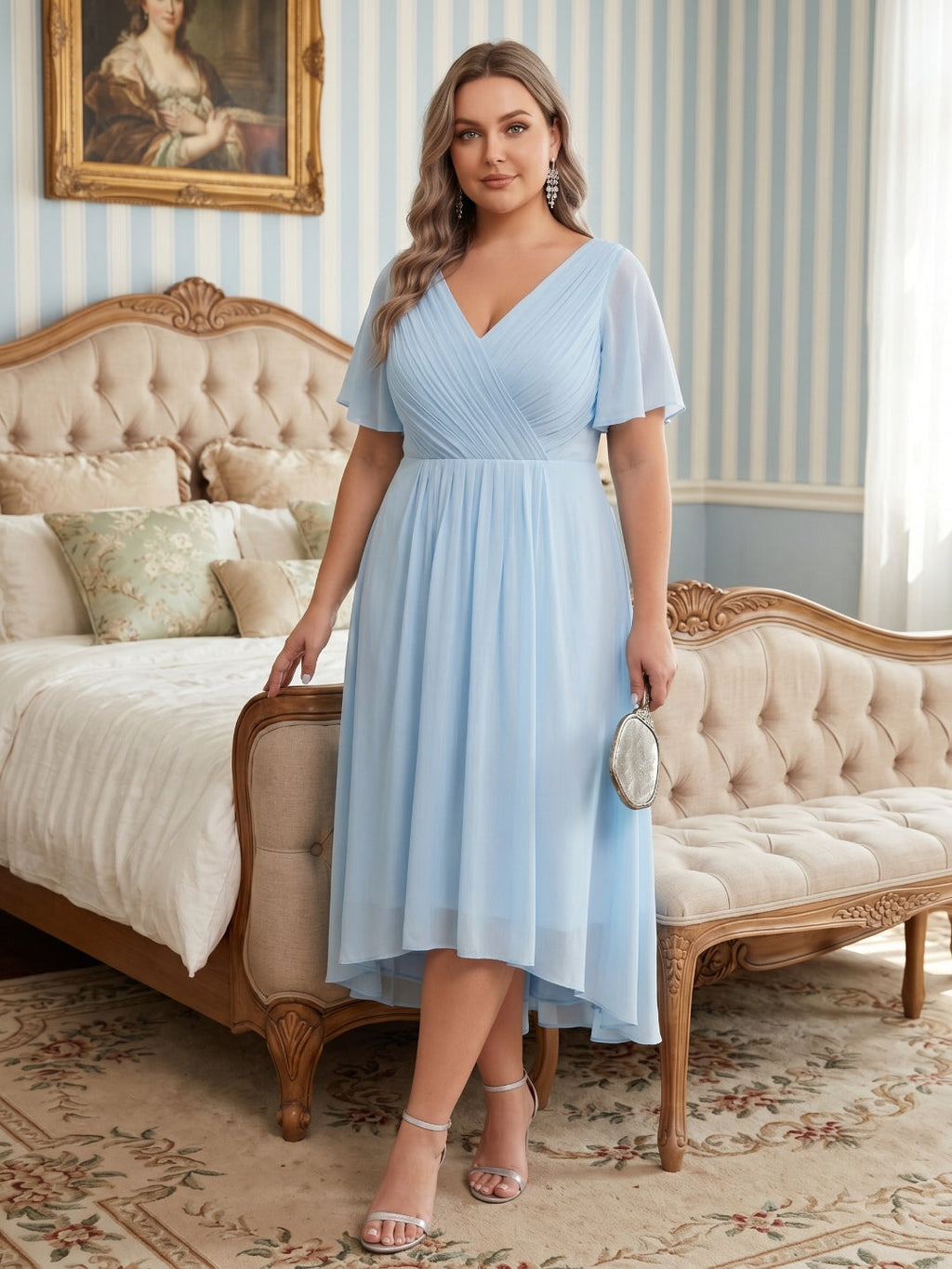 Coquette Sky Blue Chiffon A-Line V-Neck V-Back with Ruffle Asymmetrical Plus Size Bridesmaid Dress - Curvevia