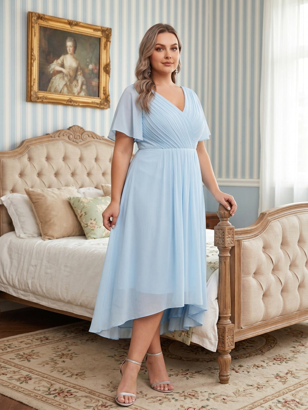 Coquette Sky Blue Chiffon A-Line V-Neck V-Back with Ruffle Asymmetrical Plus Size Bridesmaid Dress - Curvevia