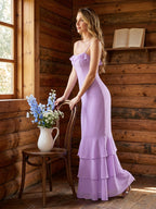 Coquette Wisteria Chiffon mermaid Straight Neck Back Zip Ankle-Length Bridesmaid Dress - Curvevia