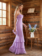 Coquette Wisteria Chiffon mermaid Straight Neck Back Zip Ankle-Length Bridesmaid Dress - Curvevia