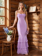 Coquette Wisteria Chiffon mermaid Straight Neck Back Zip Ankle-Length Bridesmaid Dress - Curvevia