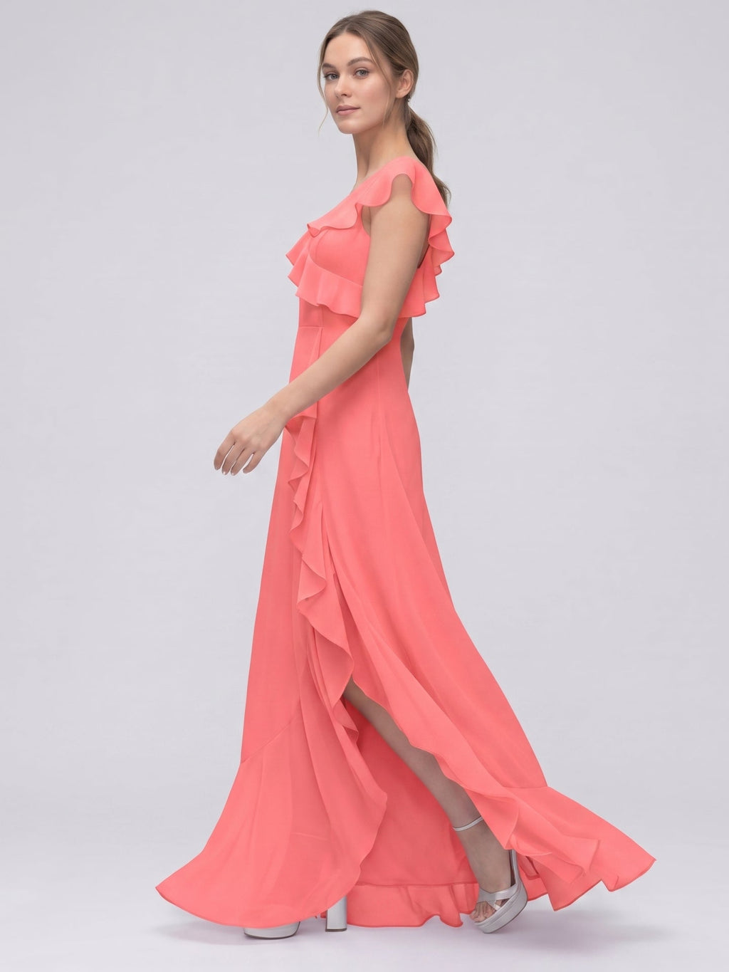 Coquette Coral Chiffon A-Line V-Neck Asymmetrical Bridesmaid Dress with Minimalist Design - Curvevia