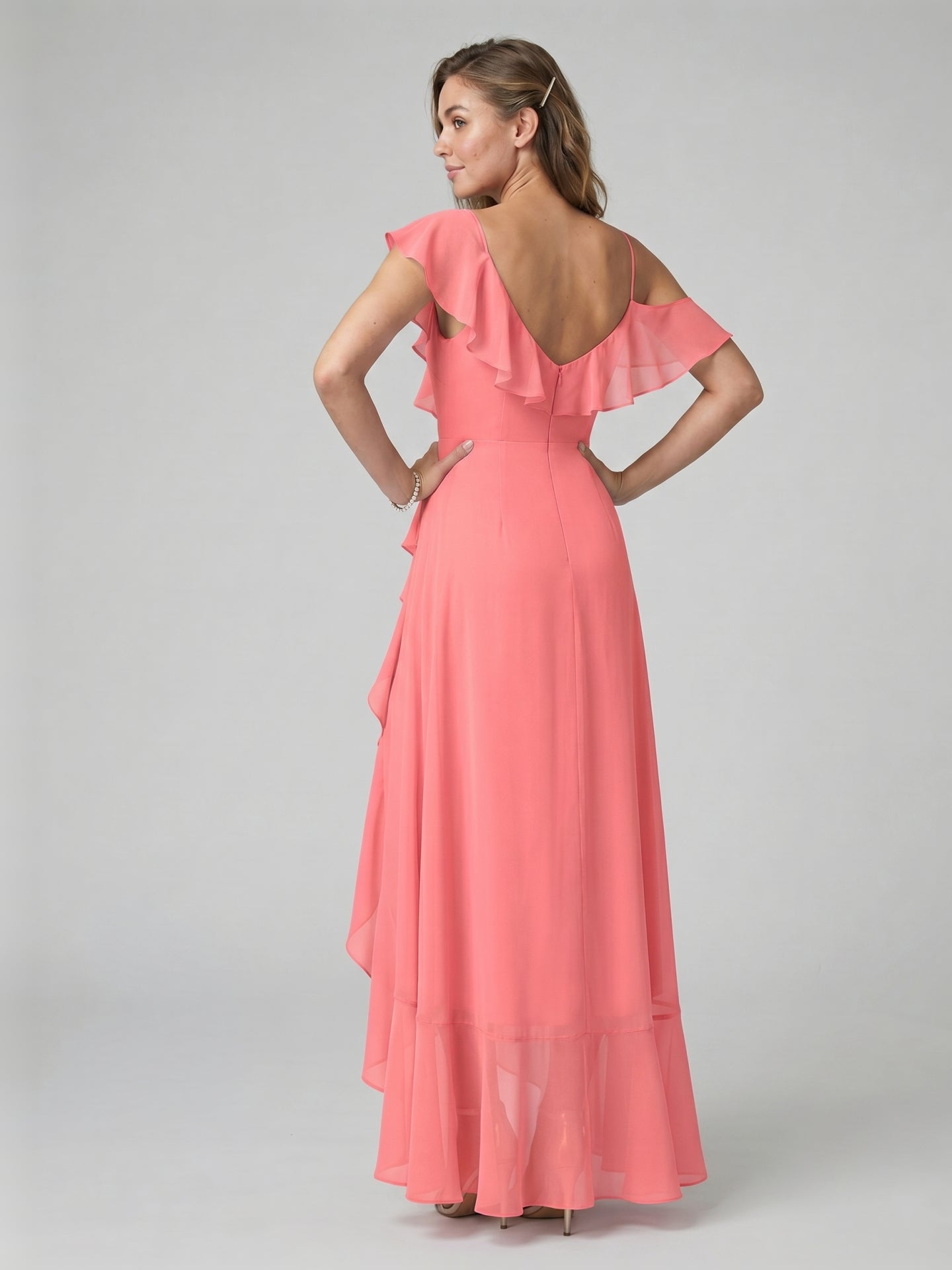 Coquette Coral Chiffon A-Line V-Neck Asymmetrical Bridesmaid Dress with Minimalist Design - Curvevia