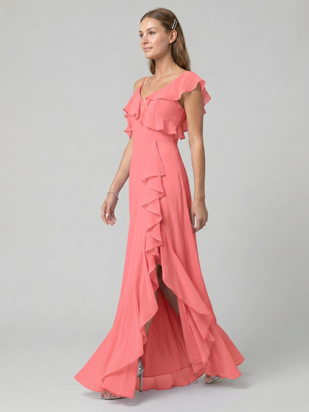 Coquette Coral Chiffon A-Line V-Neck Asymmetrical Bridesmaid Dress with Minimalist Design - Curvevia