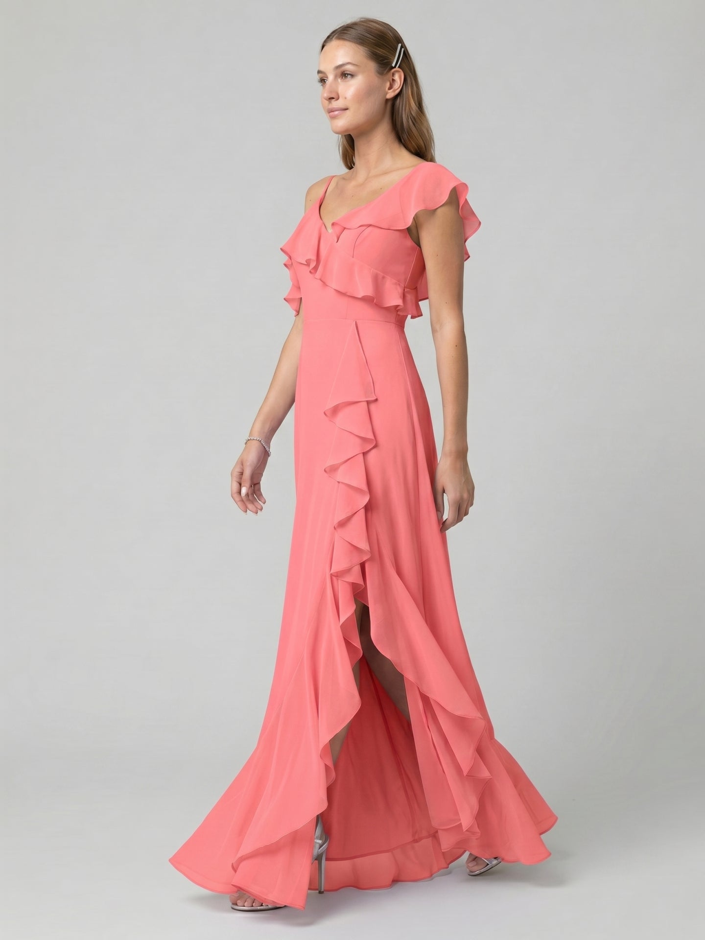 Coquette Coral Chiffon A-Line V-Neck Asymmetrical Bridesmaid Dress with Minimalist Design - Curvevia