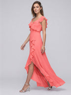 Coquette Coral Chiffon A-Line V-Neck Asymmetrical Bridesmaid Dress with Minimalist Design - Curvevia