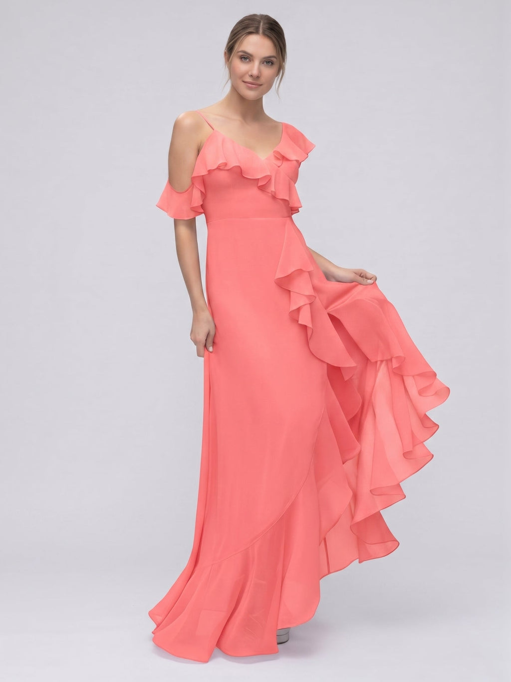 Coquette Coral Chiffon A-Line V-Neck Asymmetrical Bridesmaid Dress with Minimalist Design - Curvevia