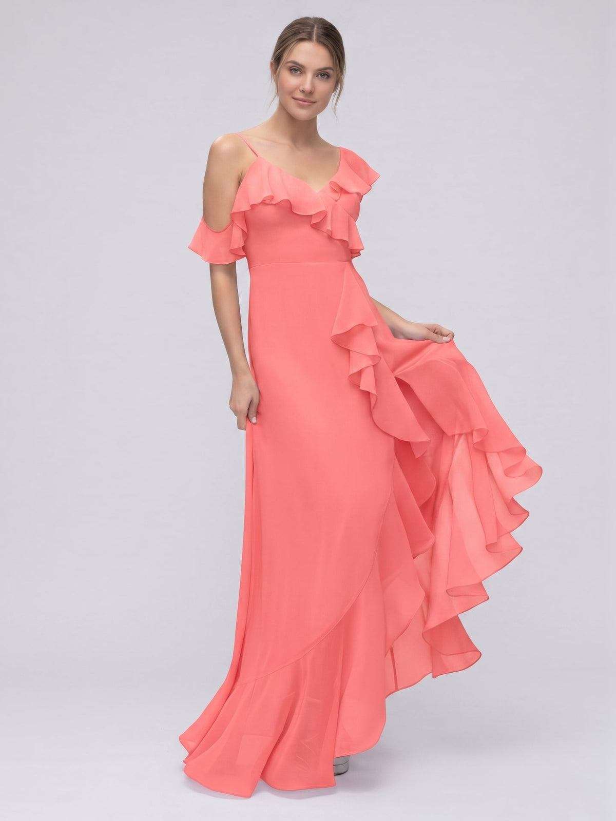 Coquette Coral Chiffon A-Line V-Neck Asymmetrical Bridesmaid Dress with Minimalist Design - Curvevia