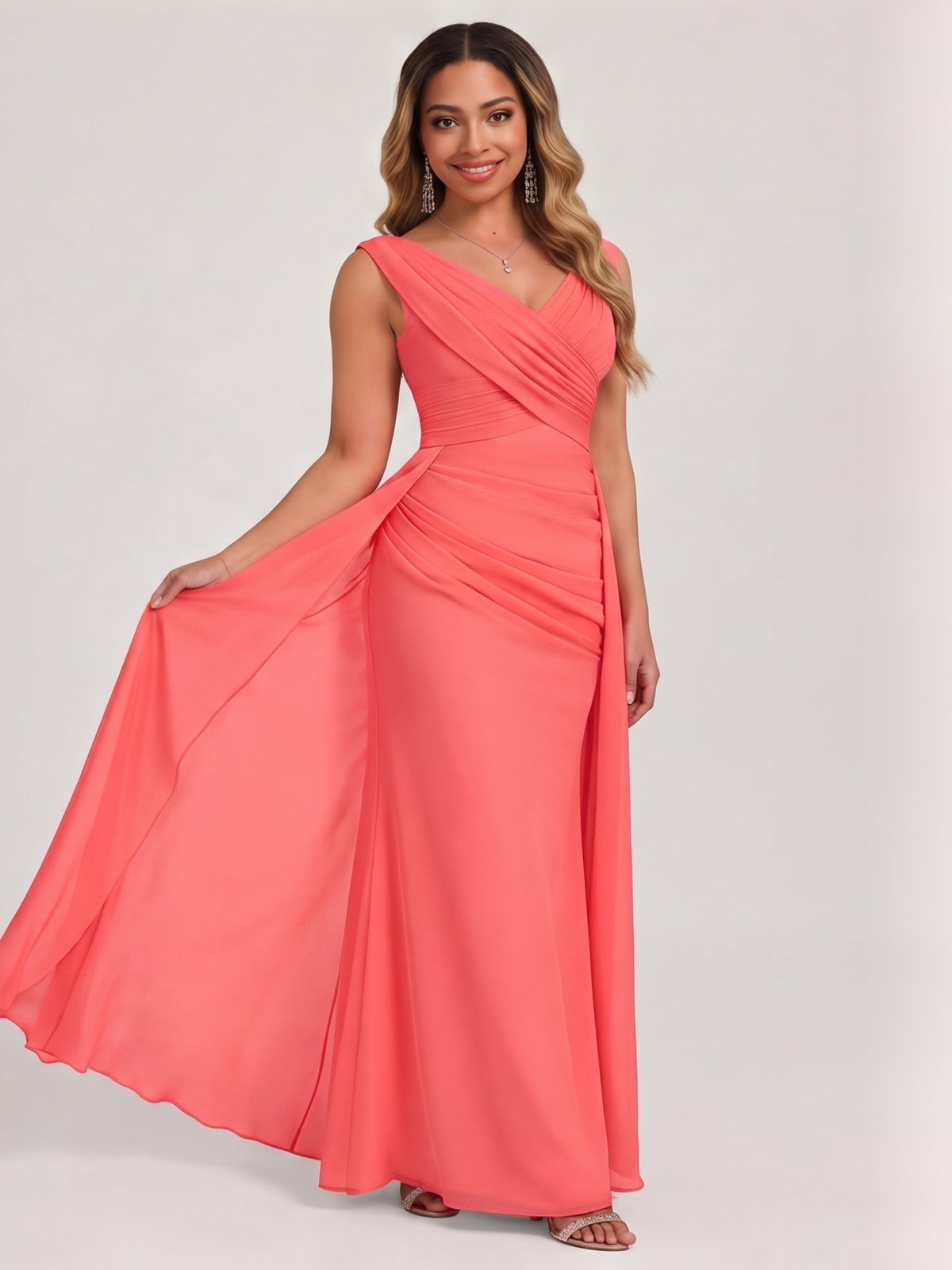 Coquette Coral Chiffon A-Line V-Neck V-Back Ankle-Length Bridesmaid Dress - Curvevia