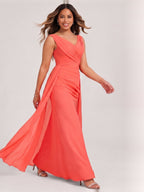 Coquette Coral Chiffon A-Line V-Neck V-Back Ankle-Length Bridesmaid Dress - Curvevia