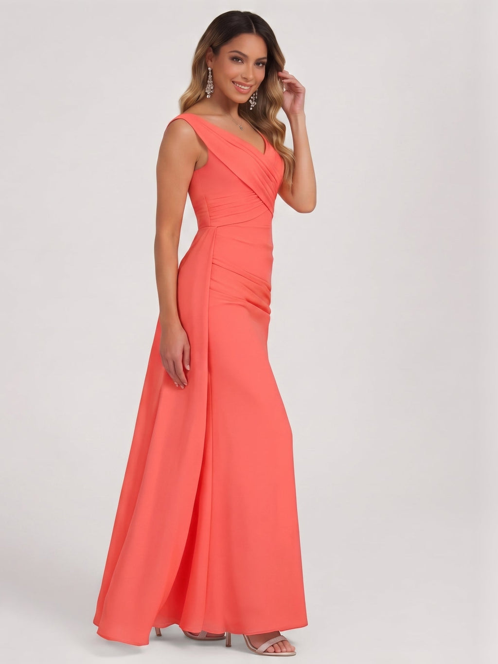 Coquette Coral Chiffon A-Line V-Neck V-Back Ankle-Length Bridesmaid Dress - Curvevia