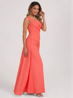 Coquette Coral Chiffon A-Line V-Neck V-Back Ankle-Length Bridesmaid Dress - Curvevia