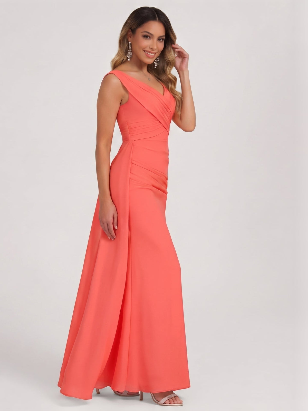 Coquette Coral Chiffon A-Line V-Neck V-Back Ankle-Length Bridesmaid Dress - Curvevia