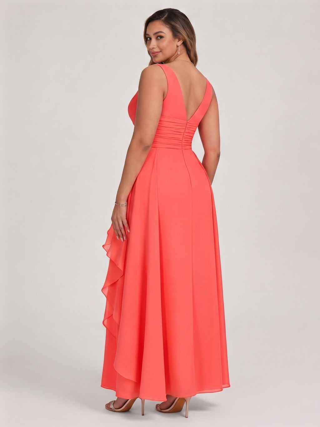 Coquette Coral Chiffon A-Line V-Neck V-Back Ankle-Length Bridesmaid Dress - Curvevia