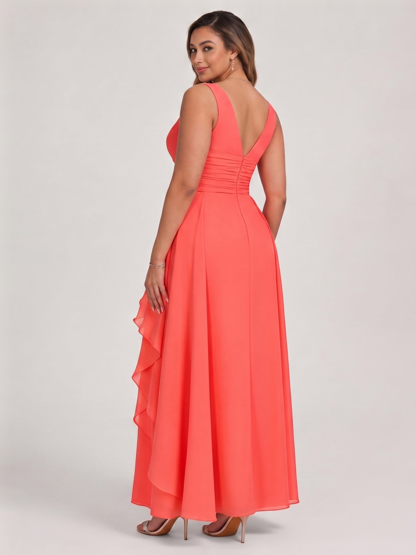 Coquette Coral Chiffon A-Line V-Neck V-Back Ankle-Length Bridesmaid Dress - Curvevia