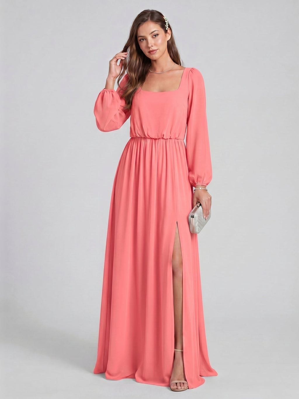 Elegant Coral Chiffon A-Line Square Neck Backless Ankle-Length Bridesmaid Dress - Curvevia