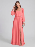 Elegant Coral Chiffon A-Line Square Neck Backless Ankle-Length Bridesmaid Dress - Curvevia