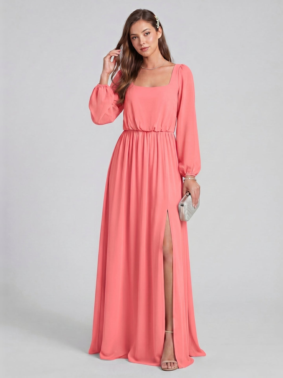 Elegant Coral Chiffon A-Line Square Neck Backless Ankle-Length Bridesmaid Dress - Curvevia