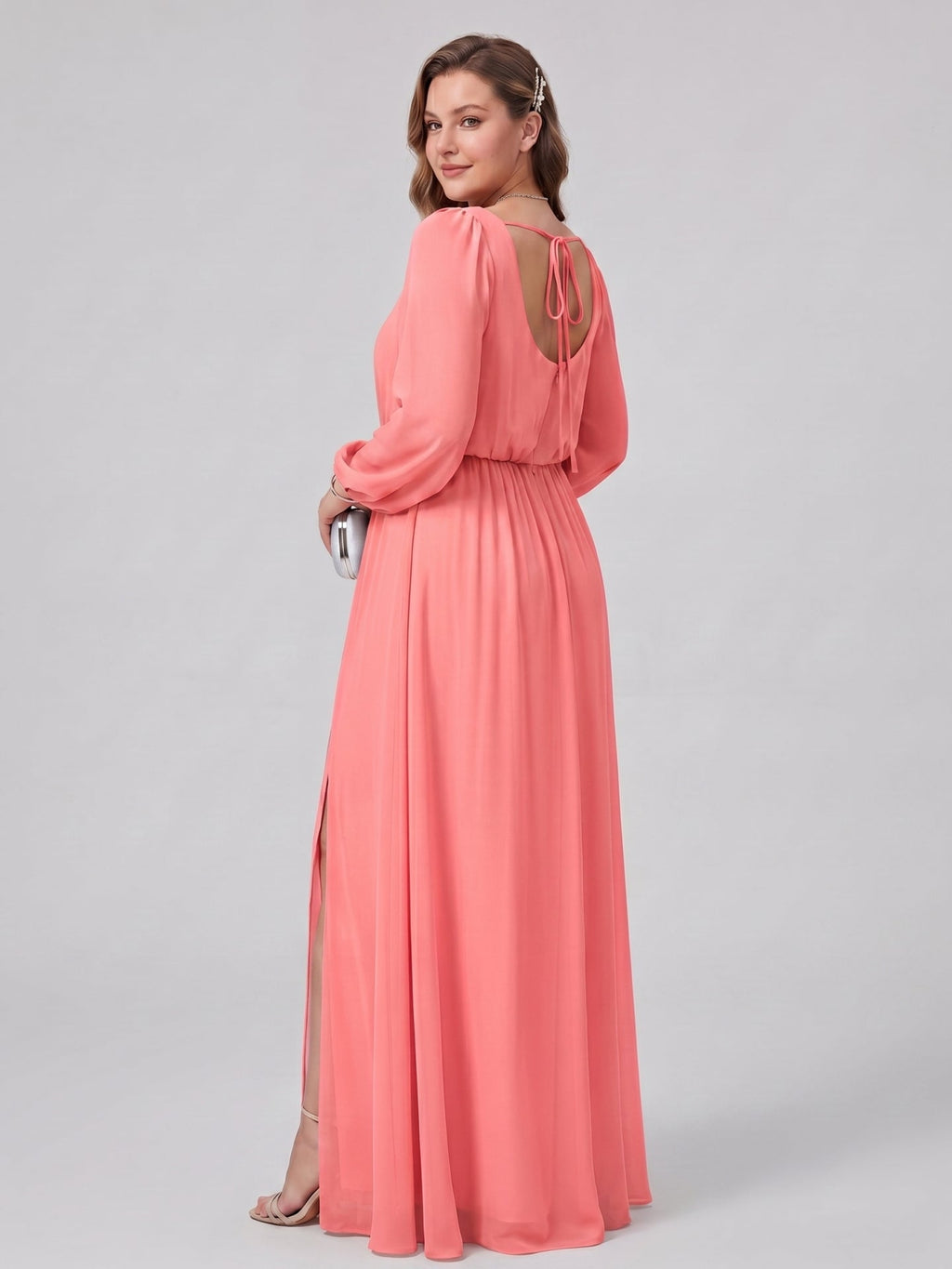 Elegant Coral Chiffon A-Line Square Neck Backless Ankle-Length Bridesmaid Dress - Curvevia