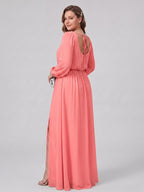 Elegant Coral Chiffon A-Line Square Neck Backless Ankle-Length Bridesmaid Dress - Curvevia