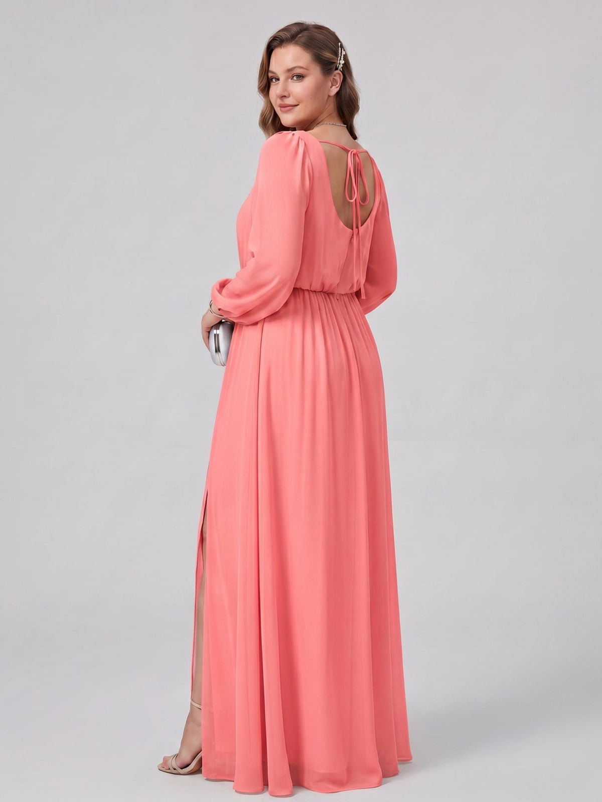 Elegant Coral Chiffon A-Line Square Neck Backless Ankle-Length Bridesmaid Dress - Curvevia