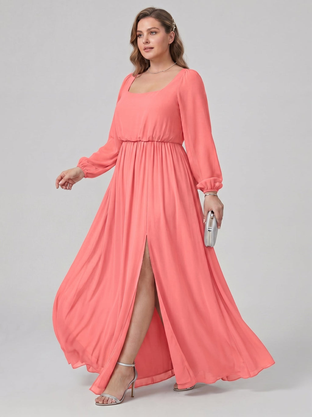 Elegant Coral Chiffon A-Line Square Neck Backless Ankle-Length Bridesmaid Dress - Curvevia