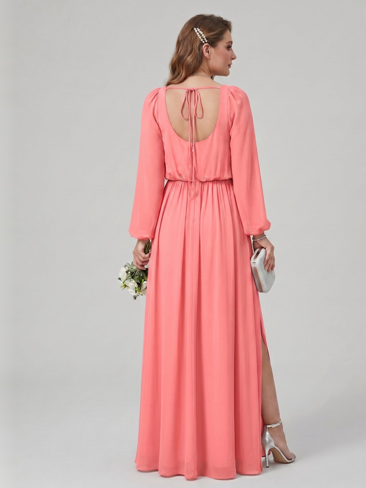 Elegant Coral Chiffon A-Line Square Neck Backless Ankle-Length Bridesmaid Dress - Curvevia