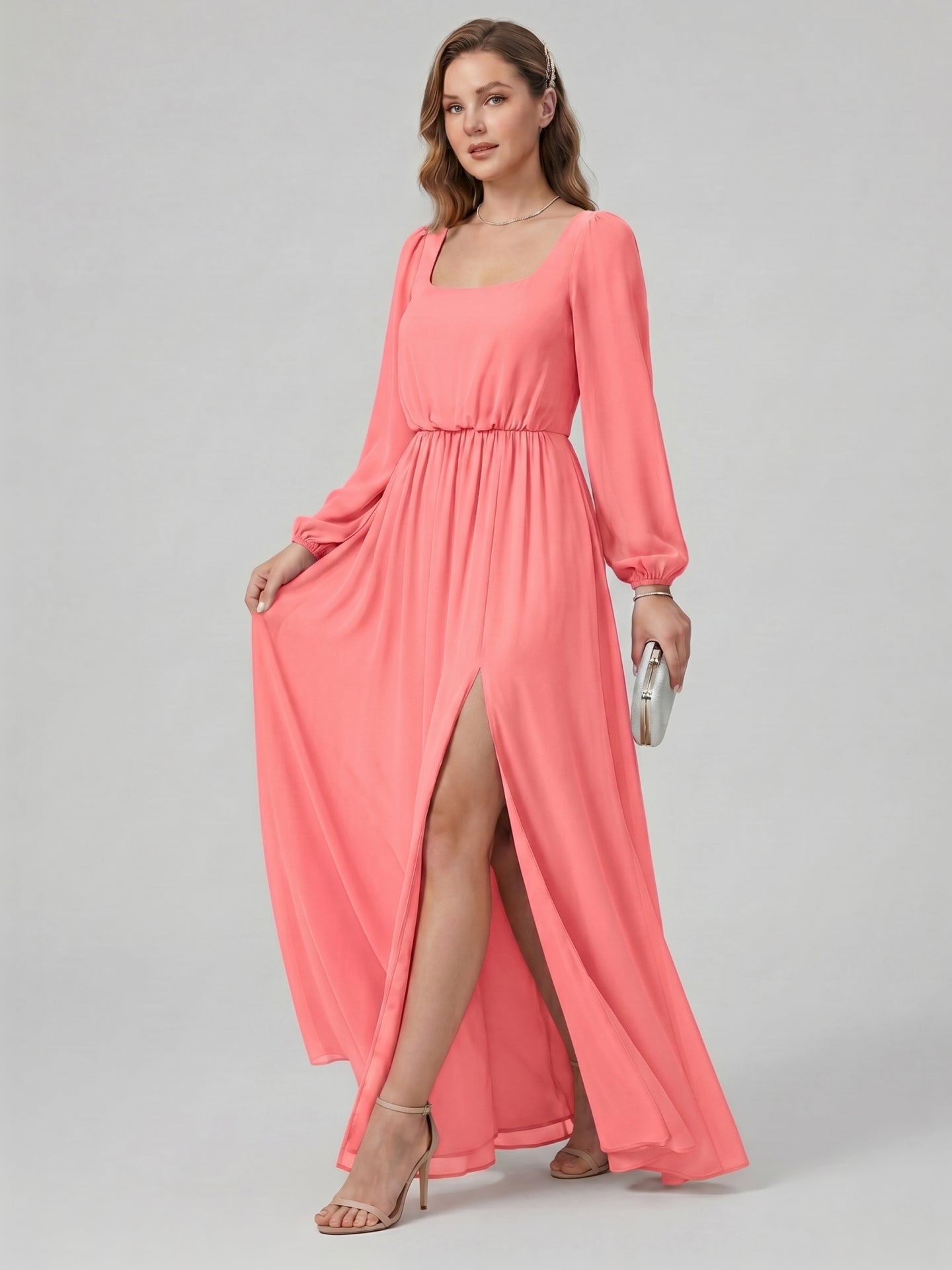 Elegant Coral Chiffon A-Line Square Neck Backless Ankle-Length Bridesmaid Dress - Curvevia
