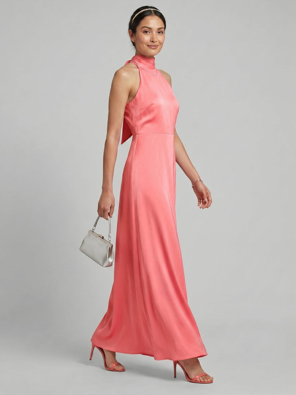 Coquette Coral Satin A-Line Halter neckline Bow Ankle-Length Bridesmaid Dress - Curvevia